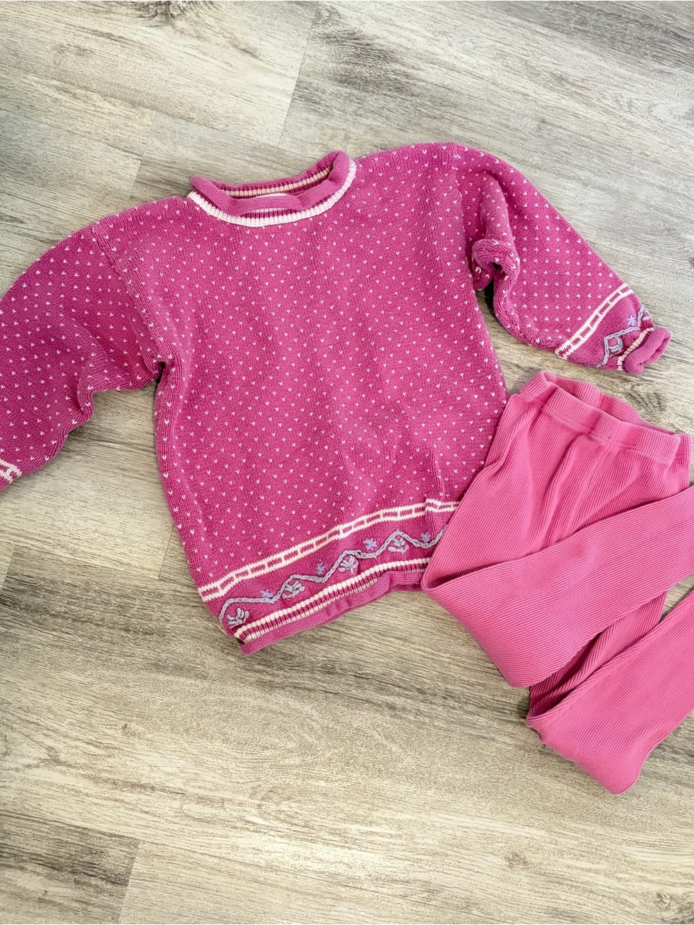 Vintage 90S Hanna Anderson Pink Knit Sweater Legging Set Cottage Fair Isle 4-5